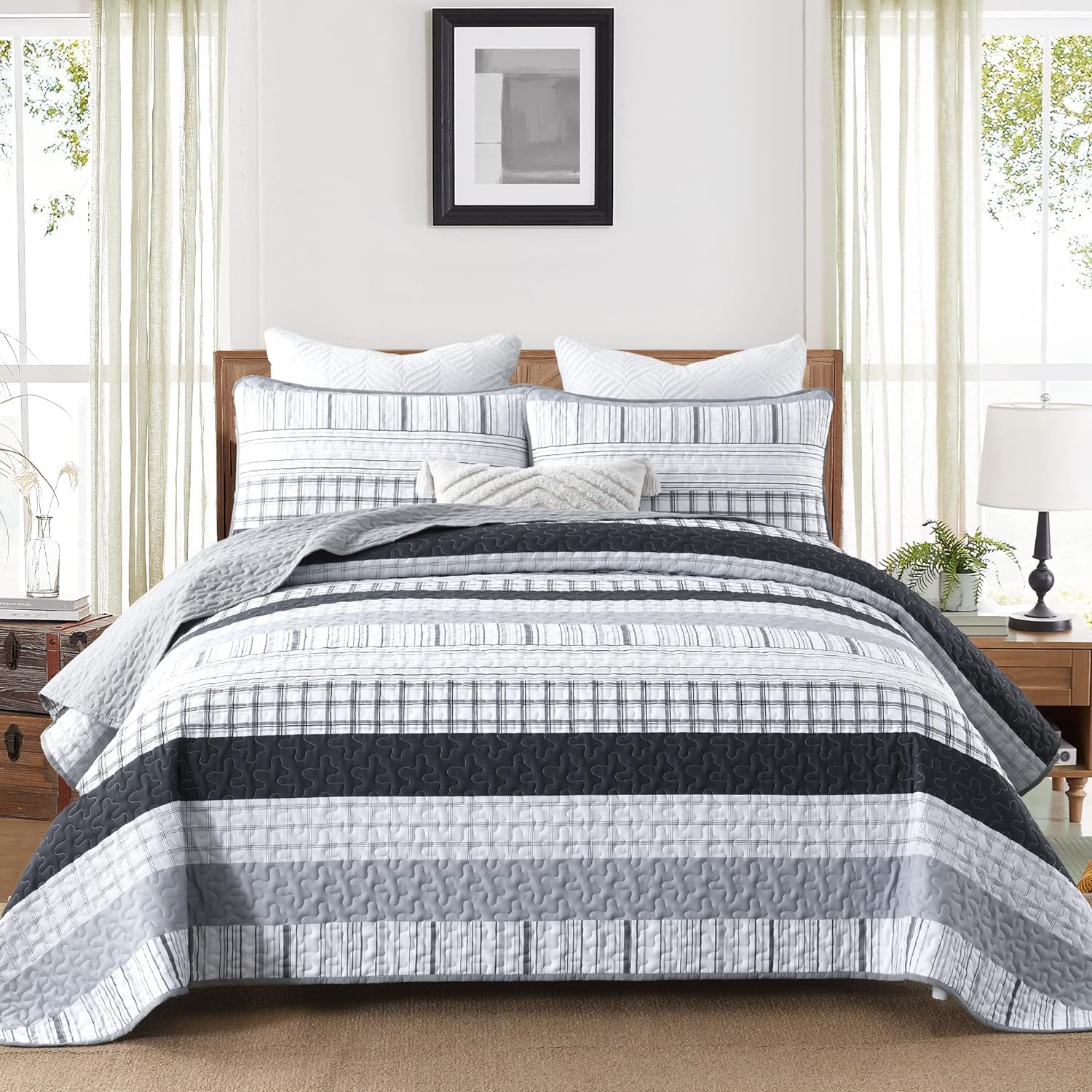 DJY Grey Boho Stripe Quilt Set 3 Piece King Size