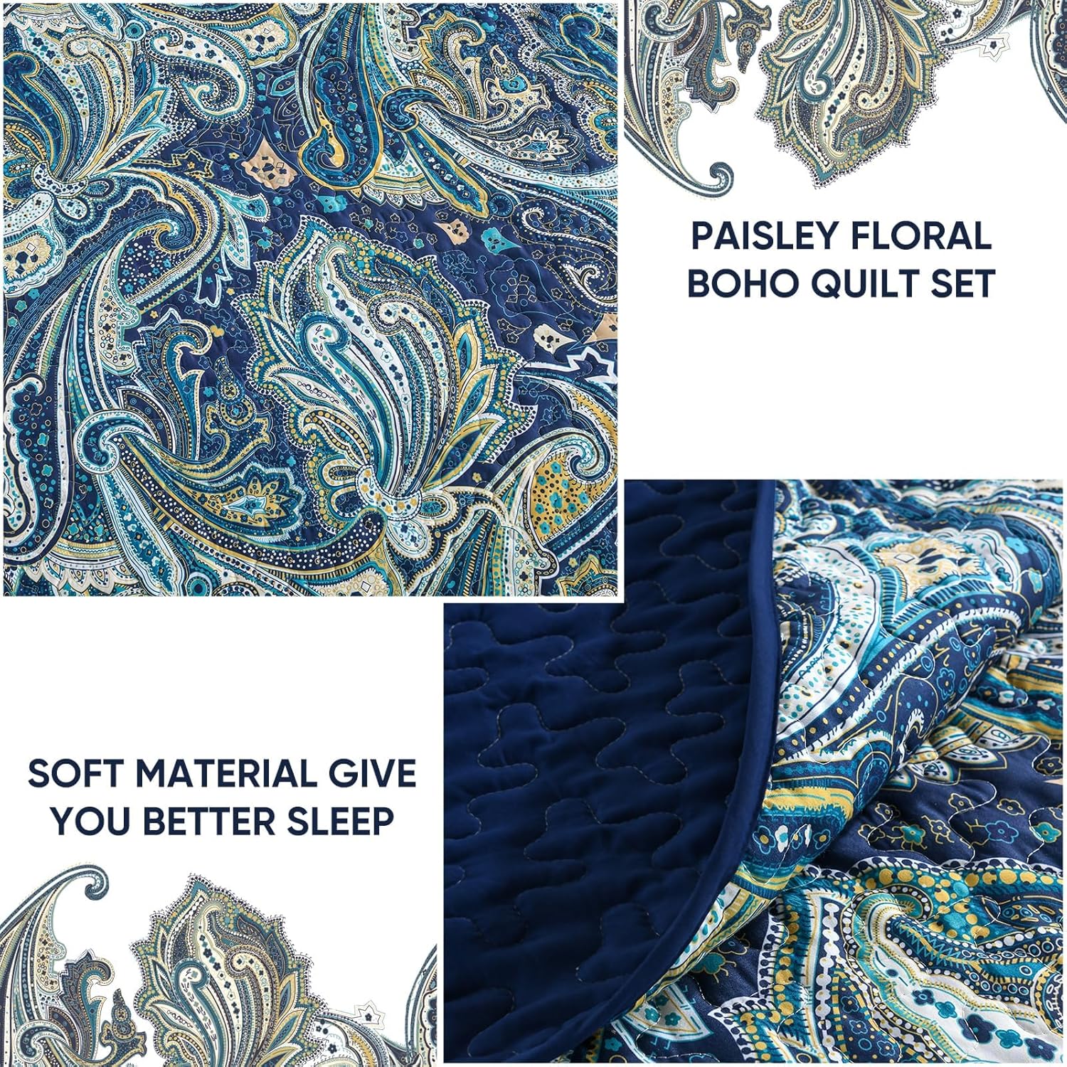 DJY Navy Blue Paisley Quilt Set 3 Piece King Size
