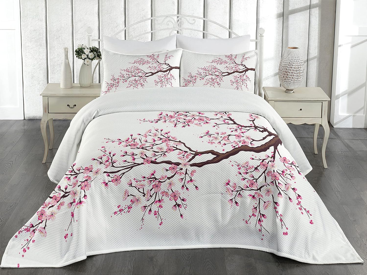 Ambesonne Sakura Tree Bedspread Set Dark Brown 3 Piece