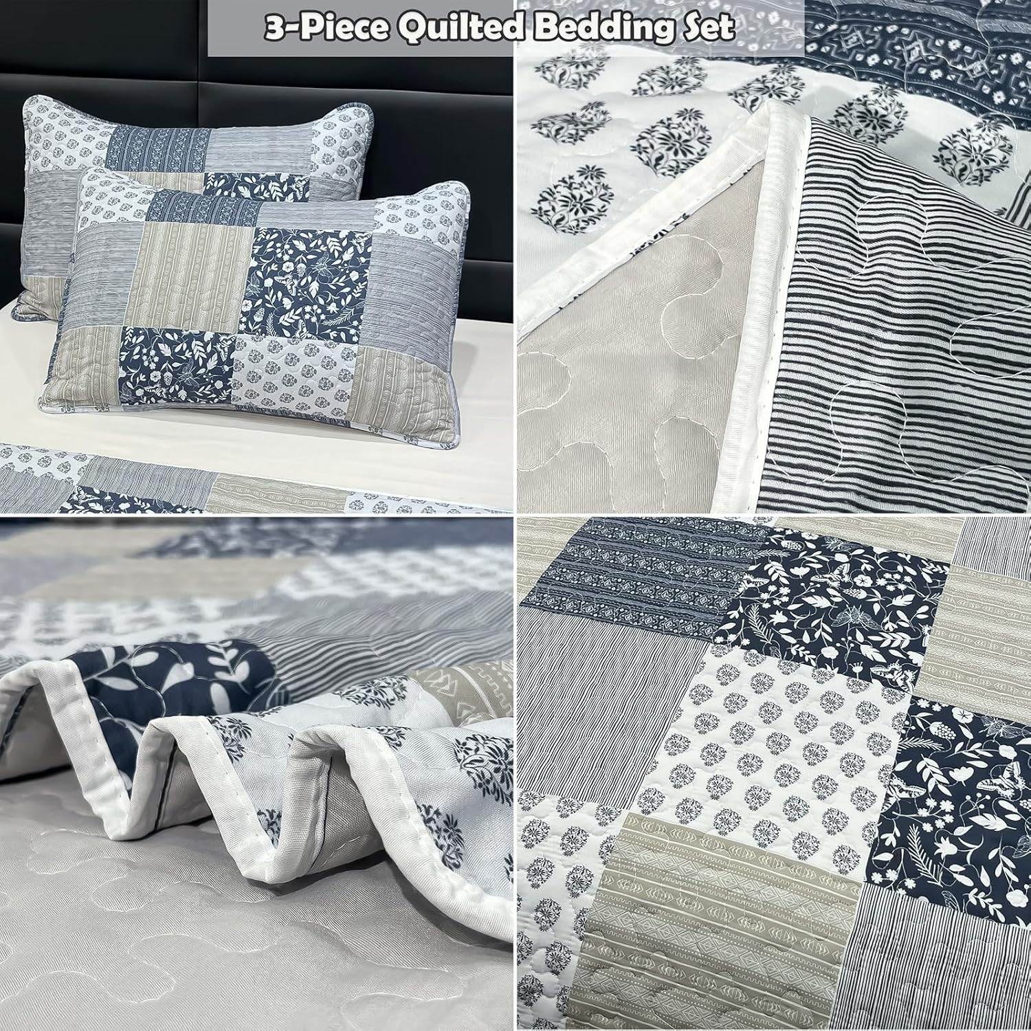 Cozyholy Alaska King Quilt Set 3 Pcs Reversible Patchwork