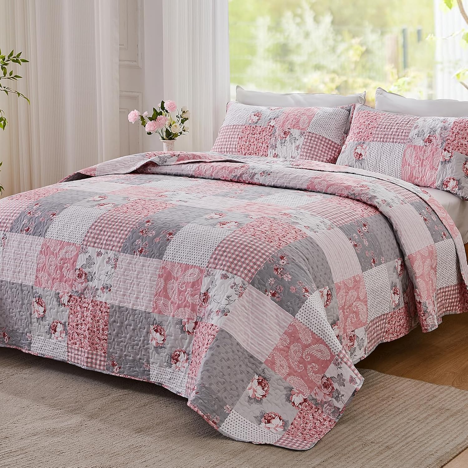 KINBEDY Oversized King Quilt Set 3 Piece Floral Patchwork