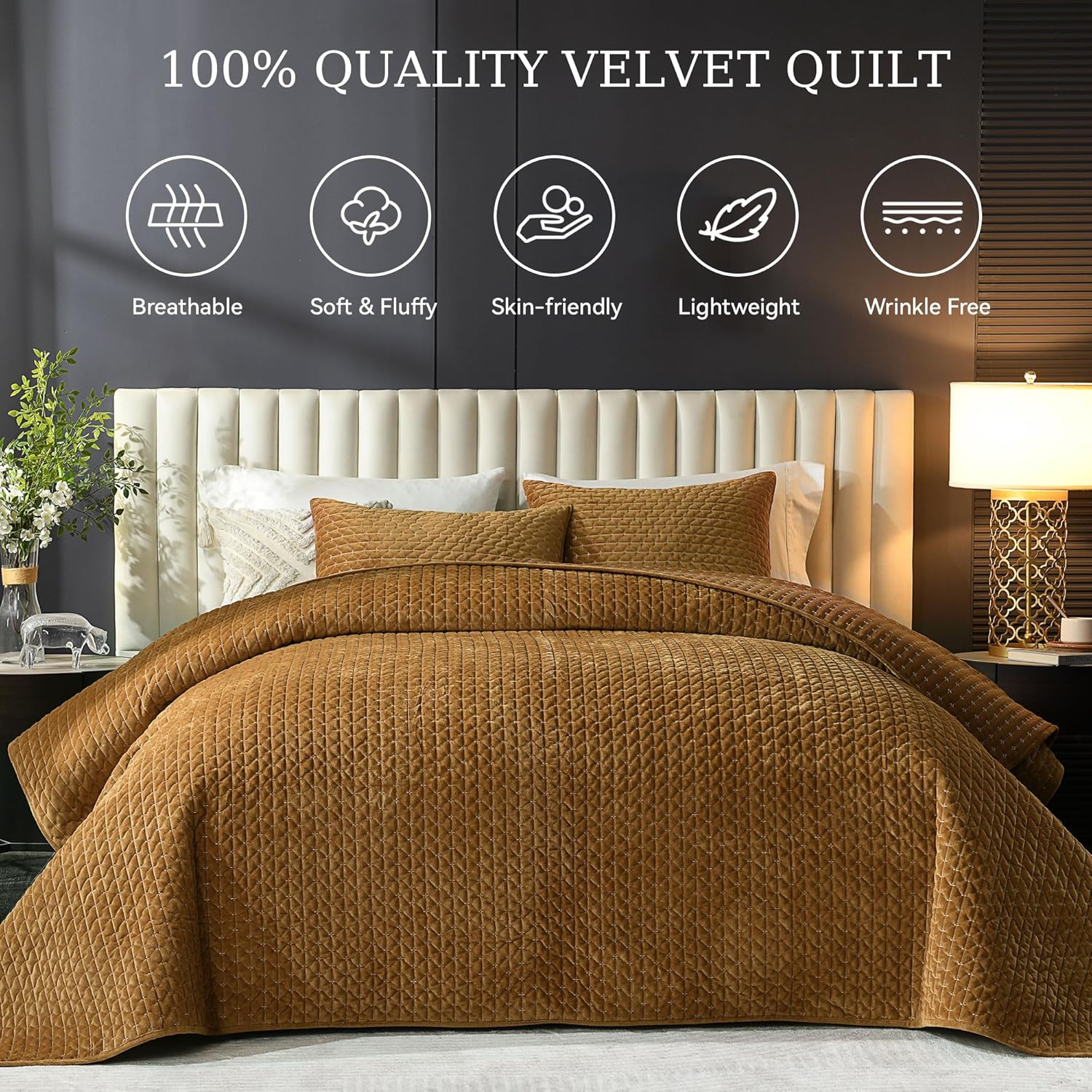 Grassix Velvet Quilt Set Queen Size with 2 Shams