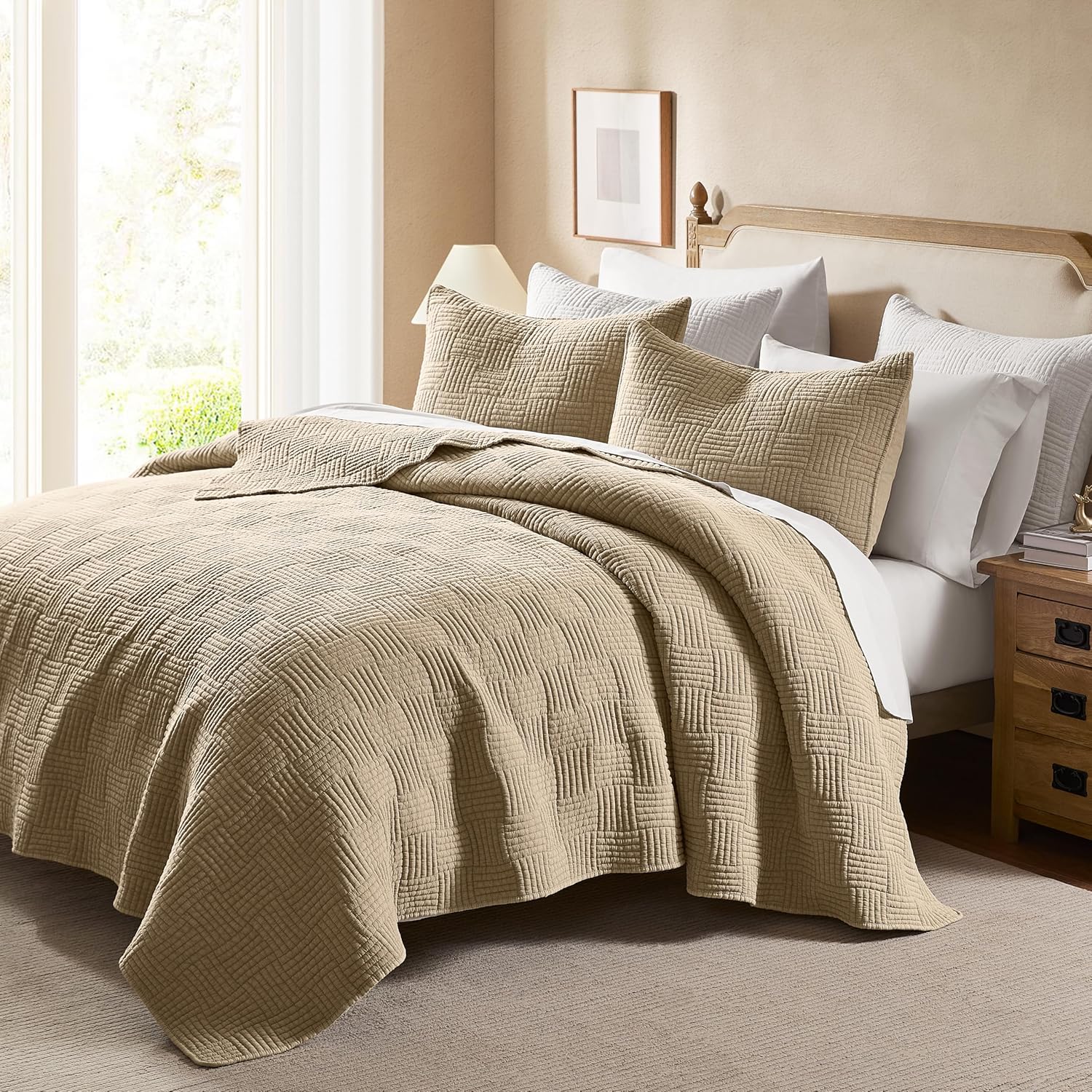 WDCOZY Beige Queen Quilt Set with Down-Alternative Filling