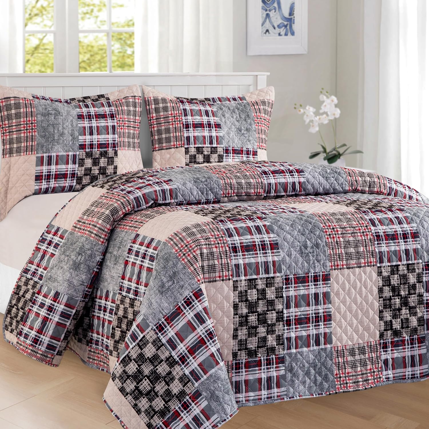 Elegant Comfort 3-Piece Plaid Reversible Quilt Set - King Brown
