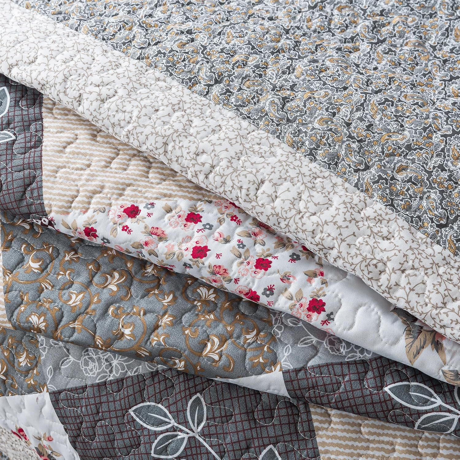 HoneiLife King Quilt Bedding Set - 3 Piece Grey Microfiber Quilt