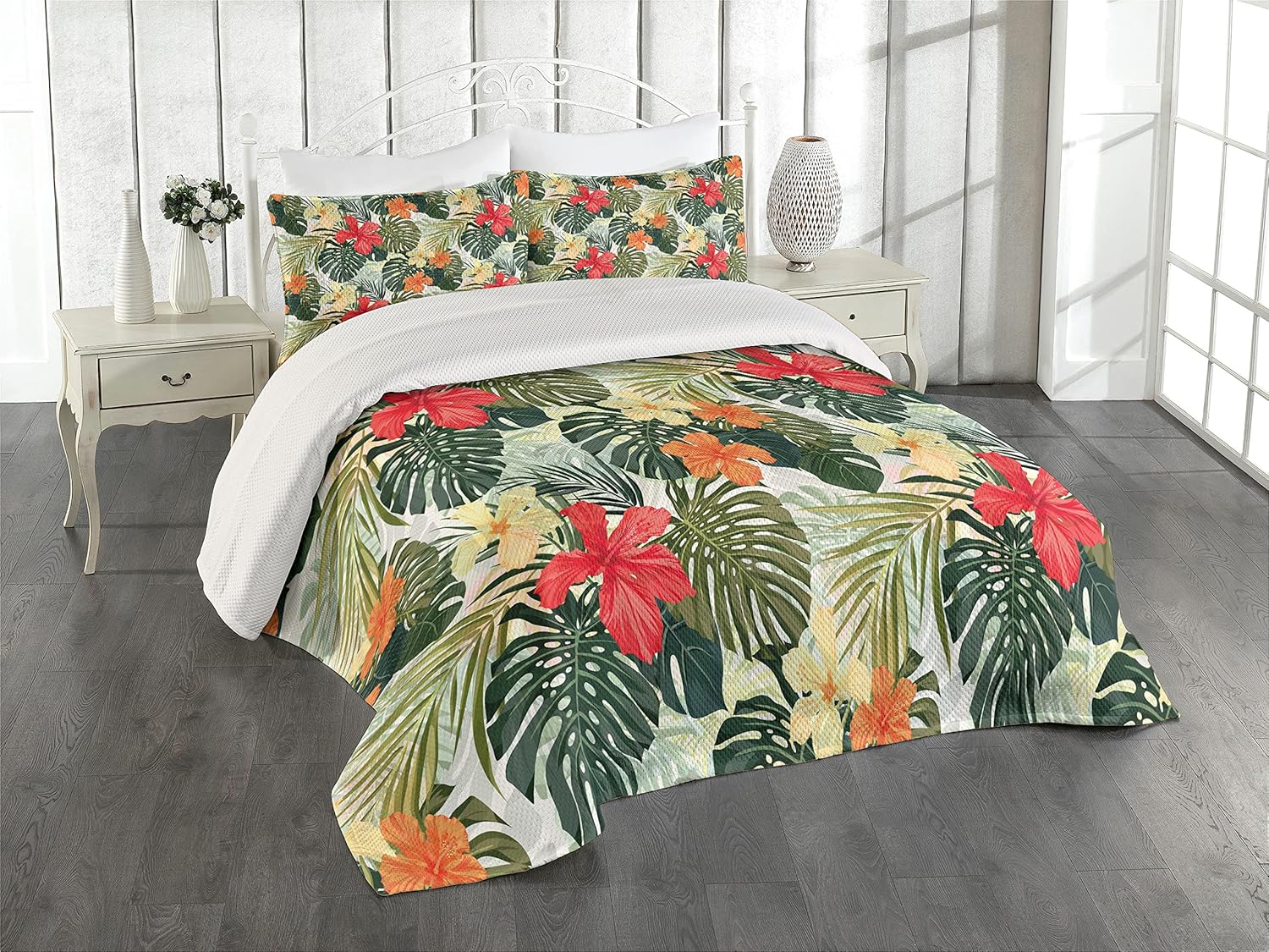 Lunarable Leaf Coverlet Set King Size Orange Yellow