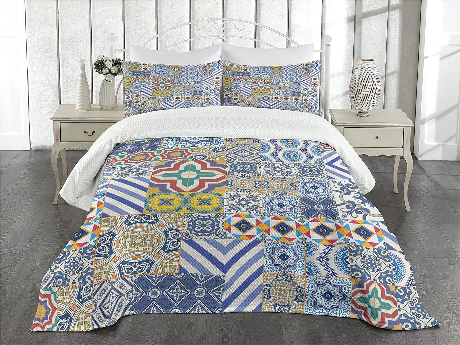 Lunarable Moroccan Bedspread Set Mustard Blue