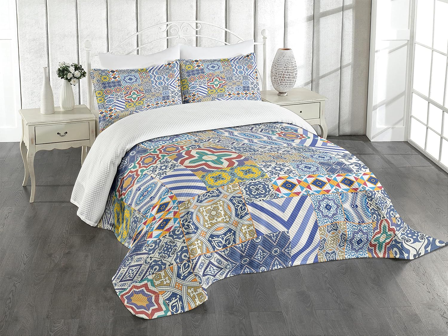 Lunarable Moroccan Bedspread Set Mustard Blue