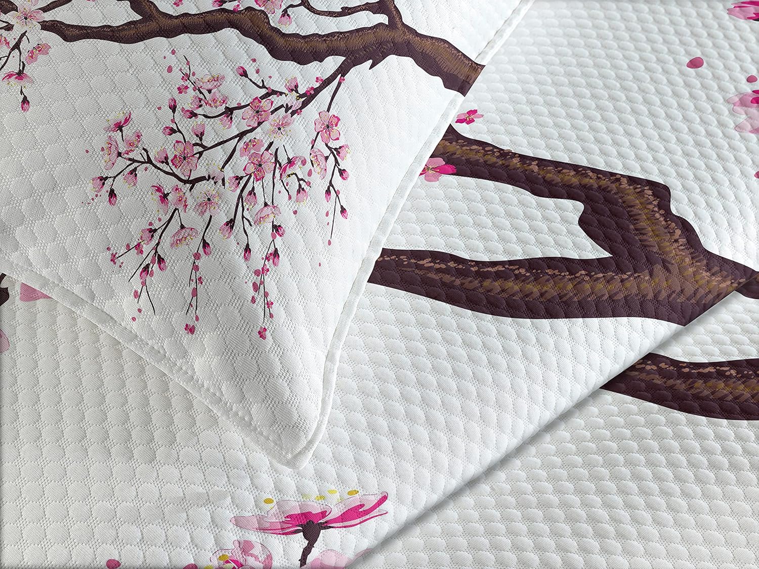 Ambesonne Japanese Bedspread Set with Sakura Flowers Queen Size Dark Brown